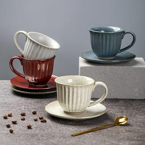 Juego único de tazas de café de cerámica hechas a mano, taza de café vintage rústica, juego de tazas de estilo minimalista japonés y europeo (160 ml, taza + platillo, café)
