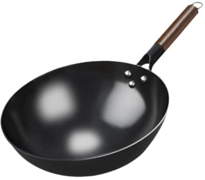 Wok Poêle Wok en Fer avec Manche en Bois Ustensiles de Cuisine Non Revêtement Cuisinière à Induction Universelle Wok de Cuisson Wok à Fond Rond Wok, Sans Oreille, 40cm