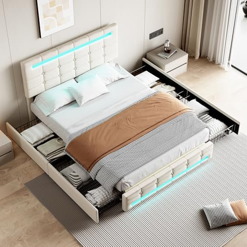 Jovify 4ft6 Double Bed Frame with LED Lighting and 4 Drawers Storage, Linen Fabric Upholstered Platform Bed with Adjustable Button Tufted Headboard, Sturdy Wood Slat Support, No Mattress, Beige