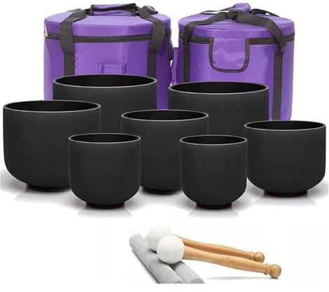 LZLYXZQ 432/440Hz Black Crystal Singing Bowls Chakra Set Of 7 With Heavy Duty Carrying Cases And Singing Bowl Mallet Suede Strikers(432 hz 8-14 inch 7pcs)
