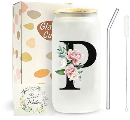 JEKUGOT A-Z Initial Personalised Birthday Gifts for Women, 16oz Iced Coffee Glass Cups with Lids and Straws, Glass Coffee Cup Gift Set for Mothers, Friends, Women, Men, Iced Coffees Cup Gift (P)