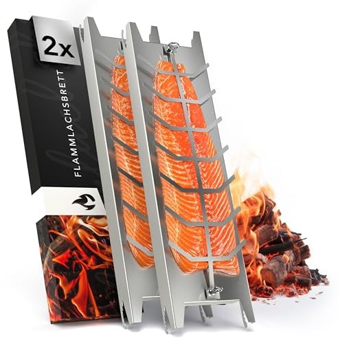 NewHabitat Flammlachsbrett Edelstahl 2er Set – für Feuerschale & Grill | Flammlachshalter 59,5cm für Feuerschalen & Grills bis 6mm Wandstärke, 180 Grad drehbar, spülmaschinenfest