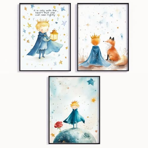 MJ-GRAPHICS® Poster Kleiner Prinz Bild Kinderzimmer Universum Poster Babyzimmer Wandbilder Affirmation Fuchs Rose Sterne Jungen Mädchen Spielzimmer Traumwelt Poster Set Wanddeko - A3 ohne Rahmen