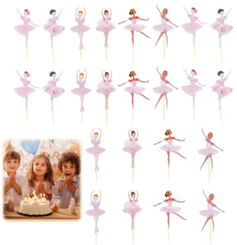 Balerina - Decoración para tartas de niña, 24 unidades, color rosa, ballet, decoración para niñas, fiesta de cumpleaños infantil, decoración de cupcakes, color rosa