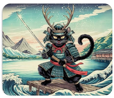 Teegarb Letter Blanket Mouse Pad Cat Samurai Illustration Japanese Funny 22x18cm Mouse Mat Base Rubber Non-Slip Mat Office Laptop Desk Original Gift Cats