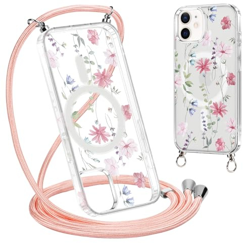 Krdvekm Coque avec Cordon pour iPhone 12 Pro / 12 6,1'', Aesthetic Fleur Motif Magnétique Transparente PC Compatibilité avec MagSafe Cover avec Laniere Accroché Housse Antichoc Protection Case, Rose