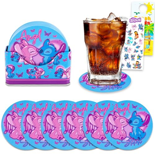 Stitch and Angel Coaster Set - Home Decor Bundle of 6 Disney Tin Coasters with Storage Container Plus Stickers, More | Stitch Coasters for Coffee Table