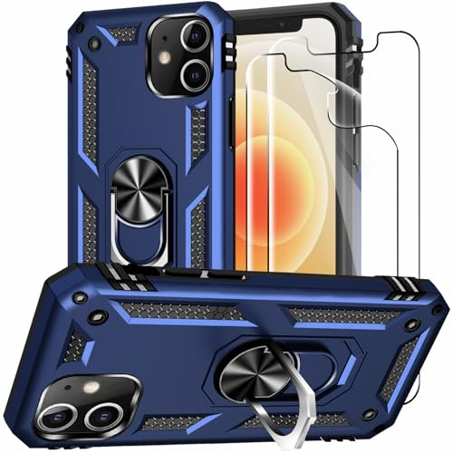 Jihucase for iPhone 12/iPhone 12 Pro Case with Screen Protector:[Military Grade Drop Tested] Ring Holder Kickstand Shockproof Anti-Slip Protective Phone Case for iPhone 12/12 Pro 6.1- Blue