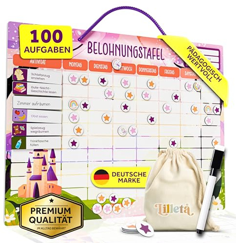 Lilleta ® Belohnungstafel für Kinder – 95 Aufgaben & 350 Magnete – Magnetisches Belohnungssystem für Verantwortung & Selbstständigkeit ab 4 Jahren - Aufgabenplaner, Wochenplaner (Prinzessinen)