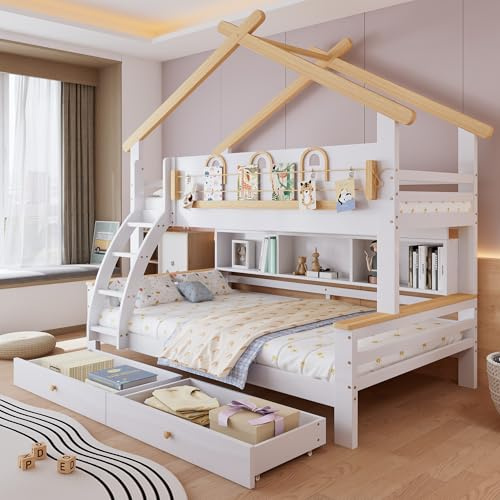 Dolamaní Kinderbett Etagenbett, 90x200 cm &120x200 cm, stockbett für 2 Kinder und 2 Schubladen mit Rollen, Hausbett mit Dachdesign, Kiefer MDF, mädchen Jungen Bett (ohne Matratze) (Weiß+Natur A)