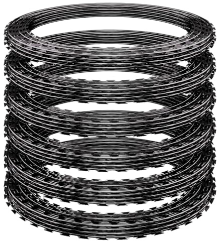147-296ft Razor Wire, Silver Razor Fencing, Galvanized Concertina Wire with Pliers Gloves Warning Sign for Garden Farm Factory Security(Black,296ft)