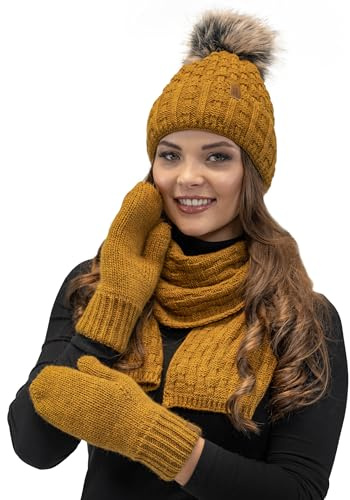VIVISENCE Damen Winter Set Mütze Schal Fäustlinge Fleecefutter Gegen Kälte