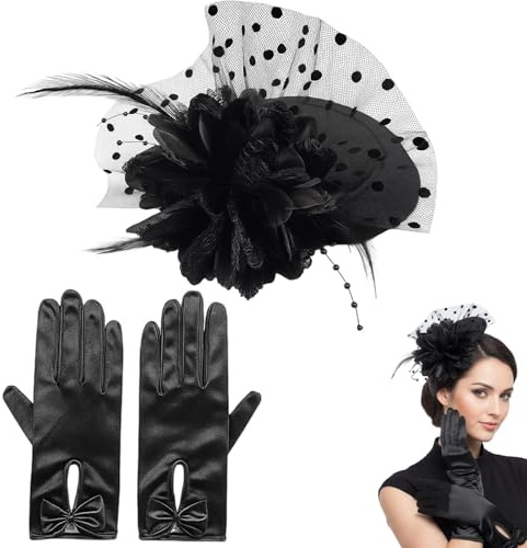 SongBuydn 50er Jahre Outfit Damen, Fascinator Damen, Elegantes 2-Teiliges Retro-Set Mit Hut Und Handschuhen, Perfekt Für Hochzeiten, Partys Und Fotoshootings, 50er Und 60er Jahre Stil