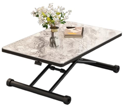 WDWDW Couchtisch mit Hubfunktion, der Sich in einen Esstisch verwandeln lässt, höhenverstellbar und klappbar, mit Holztischplatte und stabilen Metallbeinen im Kreuzmuster.