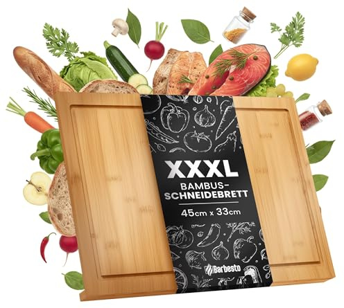 CLP Grande planche à découper en bois XXXL 45 x 33 cm, planche de cuisine en bambou avec bord d'appui et rigole à jus, antibactérienne | Taille