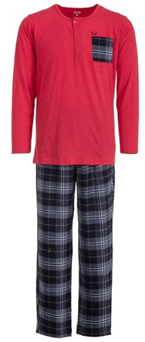 Henry Terre Herren Pyjama Carlo mit Karo Muster Langarm Schlafanzug Baumwolle Brusttasche M-3XL