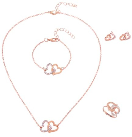 Bcenoilua Schmuck Set Damen und Mädchen Zirkonia Edelstahl Herzform Kette Anhänger Halskette Ohrringe Armband Ring set 18K Vergoldet Versilbert Doppel Herz Schmuckset (Roségold, Einheitsgröße)