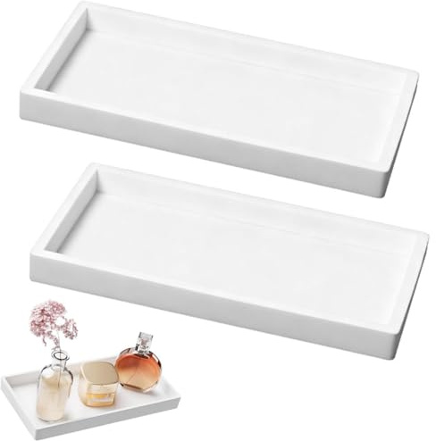 ZHAOYCSH 2 Pack White Bathroom Vanity Tray Set & Toilet Tank Storage Organiser - Decorative Countertop Tray for Jewellery, Rings, Soap, Candles, Cosmetics.Sink, Dresser Top Rectangular Plate Holder