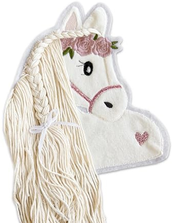 Applikation Pferd Schimmel mit Wollmähne Aufbügler für DIY Schultüte Zuckertüte Bügelbild Patch Bügelpatch Pferd Weiß Rosa Glitzer (Mittel (13x14,5 cm))