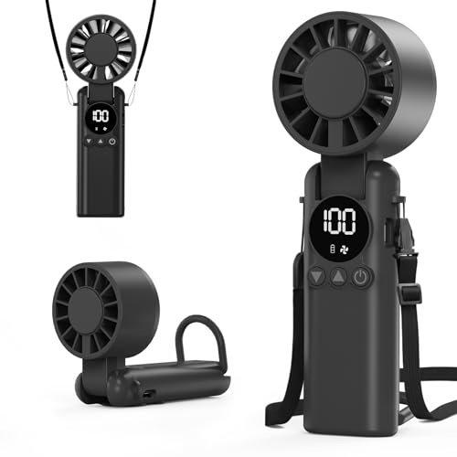 AILBTON Handheld Fan – 6000mAh Battery, 1-199 Speeds, USB Rechargeable Mini Fan, 3-in-1 Foldable Small Battery Operated Fan, LED Display Personal Cooling Fan for Travel Home Office – Black