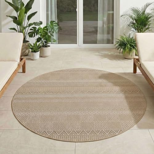 Carpetsale24 Outdoor Teppich Rund 160 cm Beige, Wetterfest UV-beständig, Terrasse Garten Wohnzimmer Teppich Indoor Outdoor, Skandinavischer Boho Stil Robust