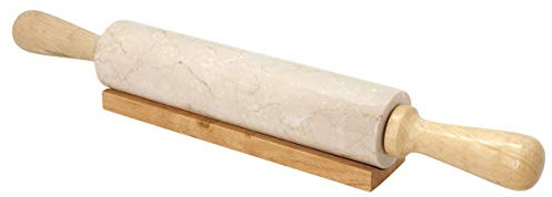 Creative Home Deluxe Natural Champagne Marble Rolling Pin with Wooden Handles and Cradle for Baking Bread Pastry Cookies Pizza Pie, 2.3 Diam. x 18” L, Beige