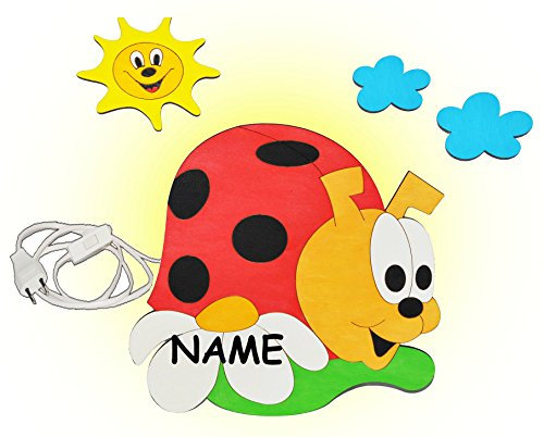 alles-meine.de GmbH Wandlampe aus Holz - Marienkäfer mit Wolken incl. Namen - Lampe mit Schalter für Kinder - Kinderzimmer Kinderlampe Wandleuchte mit Stecker/Nachtlicht/SCHL..