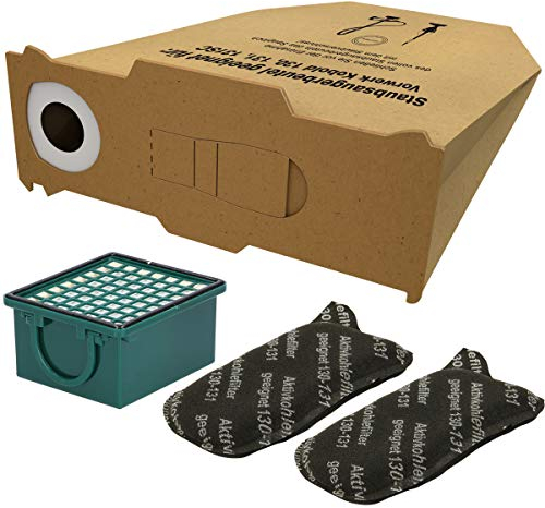 Kenekos - 10 sacchetti per aspirapolvere + set di filtri adatti per Vorwerk Folletto VK130 VK131 VK131SC VK 130 VK131 VL 131 SC, incl. 1 filtro hepa, 2 filtri a carbone attivo per aspirapolvere