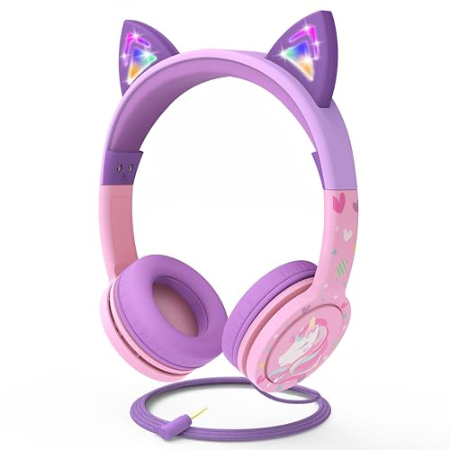 FosPower Auriculares con Cable 3,5mm para Niños con Orejas de Gato - Rosa | Compatible con iPad y Tableta. Casco Infantil Límite de Volume Seguro 85dB para Escuela, Música, y Viaje, Color Lavanda