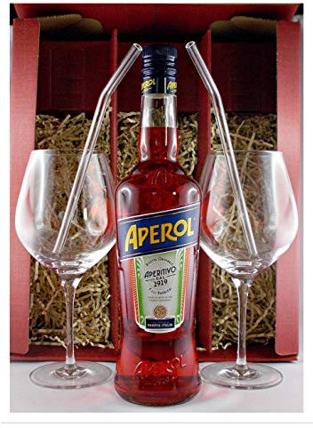 Geschenk Aperol Aperitif + 2 Glas-Trinkhalme (gebogen) + 2 Weingläser