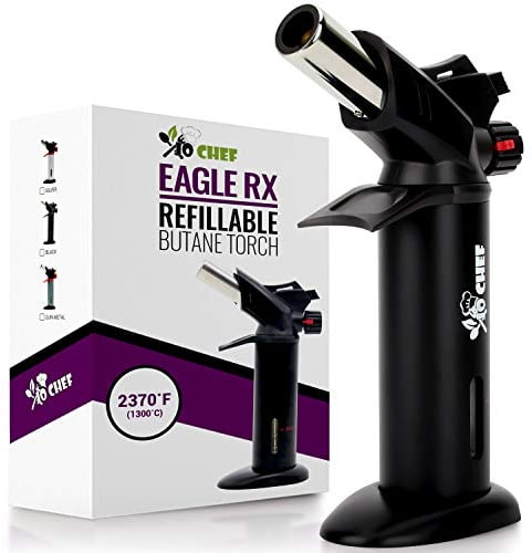 Eagle RX Crème Brûlée Torch – Safest Kitchen Food Torch – Safety Switch, Hand Shield, Fuel Gauge, Ergonomic Matte Black Grip – Culinary Butane Blow Torch 2,370°F – by Jo Chef