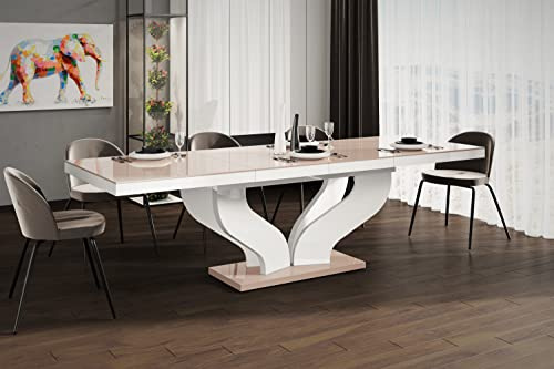 Design Esstisch HEB-222 Cappuccino Hochglanz / Weiß Hochglanz ausziehbar 160 cm bis 256 cm Esszimmertisch für bis zu 10 Personen Hochglanz Funktionstisch modern vielseitig Esszimmer erweiterbar