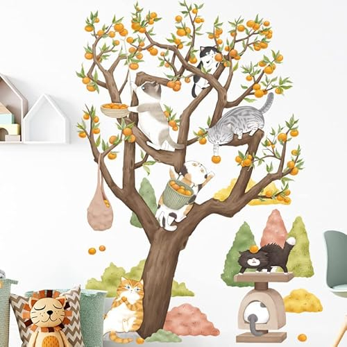 COVPAW® Wandtattoo Wandaufkleber Clementine Mandarine Baum Katze Wandsticker Wandbild Bilder Wohnzimmer Schlafzimmer Deco Kind Jungen Kinderzimmer Babyzimmer