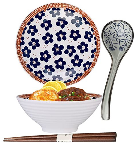 ZPPLD Ramenschüssel-Set aus Keramik, große japanische Porzellanschale, 1100 ml, japanische Nudelsuppenschüssel, mit Löffel, Essstäbchen, Salatschüsseln (D)