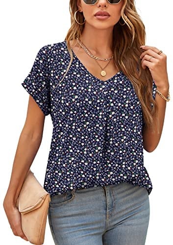 Yommay Womens Blouses V Neck Ladies Tops Summer Chiffon Blouses Tops Short Sleeve Casual T Shirts(SX F Navy Blue,X-Large)