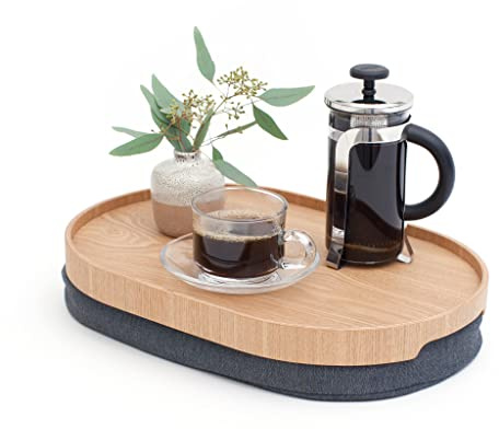 Bosign CurveLine Laptray with bean bag cushion. Portable Lap desk for Laptop, Breakfast, Dinner. Non-slip tray. Washable, removable cushion cover. Ash wood. Grey cushion. MEDIUM (39x26x6,5 cm)