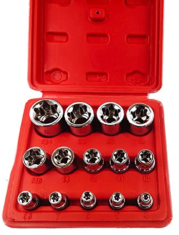 Juego de 14 llaves de estrella E-Torx hembra, 1/4, 3/8, 1/2 pulgada, juego de llaves de estrella externa hembra E4-E24 con caja roja