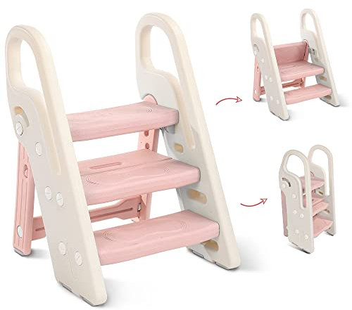 Onasti Taburete Plegable de Tres peldaños para niños, Escalera de 3 peldaños para niños, Asiento de Entrenamiento para Inodoro, multifunción, Ajustable en Altura, Antideslizante (Rosa)
