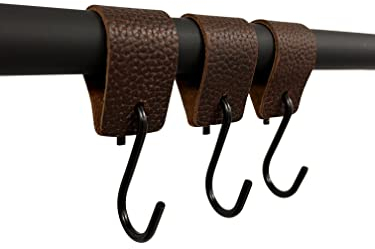 Kleiderhaken mit Lederschlaufe - Braun - 12 Stück - S Haken – 12,5 cm x 3 cm - Garderobe - Jacken - Hosen - Kleiderstange - Leder – Lederband - Garderobenhaken – Fleischerhaken - Multifunktionshaken