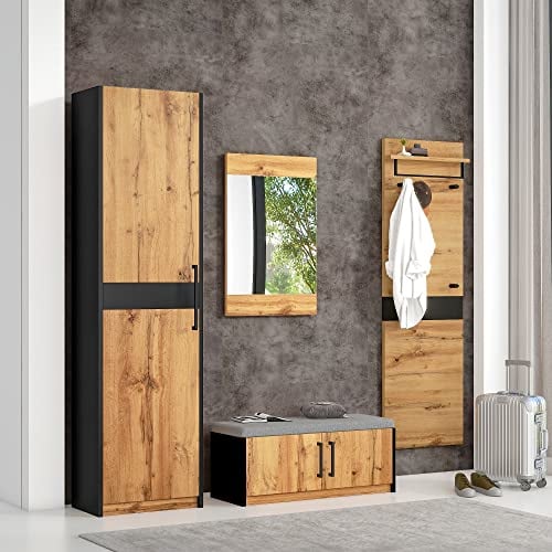 ZYLOYAL10 Garderoben Set 4-teilig mit Spiegel und Sitzbank, Garderoben Set, Garderobenmöbel,Garderoben-Set, Stylishe Kompaktgarderobe mit 4 Kleiderhaken, Stangen und Ablage, Praktischer Wandgarderobe