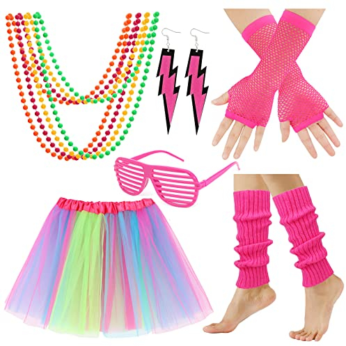 XEPST 80s Fancy Dress Party Costume Accessories Set, 80s Fancy Dress Outfits with Colorful Tutu Skirt Leg Warmer Gloves Neon Necklace Lighting Earring Glasses