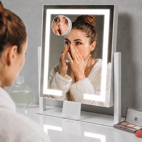 Kottova Kosmetikspiegel mit Beleuchtung, 14 x 12 LED-Schminkspiegel, Beleuchteter Spiegel mit 10-Fach Vergrößerungsspiegel, Smart-Touch 3 Farben Dimmbar, 360° Drehbar, Stecker (Weiß)