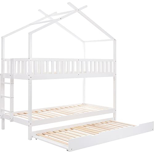 Etagenbett Hausbett,Etagenbett 3 Personen,Hochbett 90X200,Jugendbett Kinderbett Mit Lattenrost,Ausziehbar Platzsparendes Design Weiß