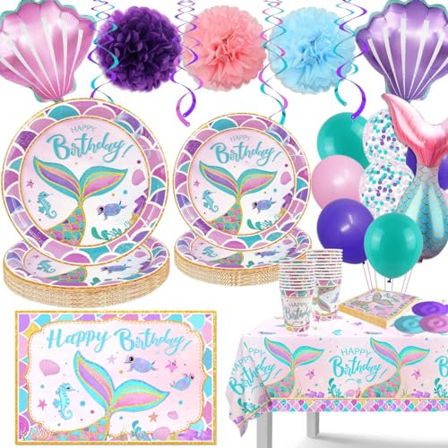 Mermaid Birthday Decorations Kit Mermaid Plates and Napkins Tablecloth Serves 20 Happy Birthday Banner Hanging Swirl Pom Pom Flowers Kids Girls Princess Mermaid Themed Birthday Party Supplies