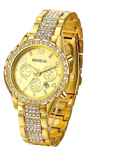 JewelryWe Damenuhr Edelstahl Uhren Damen - Elegant Glitzer Strass Analog Quarz Armbanduhr mit Edelstahl Armband Gold Beiläufige Uhr für Frauen Männer