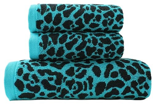 KINGSHORE 3-teiliges Premium Badetuch-Set (Leopard), 1 Badetuch, 2 Handtücher, schnelltrocknend, 100% Baumwolle, Oeko-TEX zertifiziert (Blau)