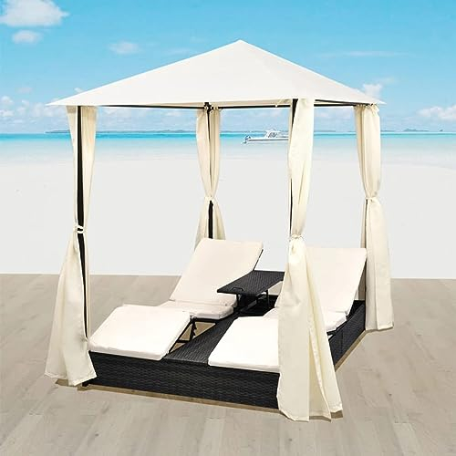 CIADAZ Doppel-Sonnenliege mit Vorhang, Gartenliege, Liegestuhl, Sonneninsel Outdoor, Sonnenstuhl, Gartenmöbel, Bäderliege, Relaxliege, Terrasse, Poly Rattan Schwarz