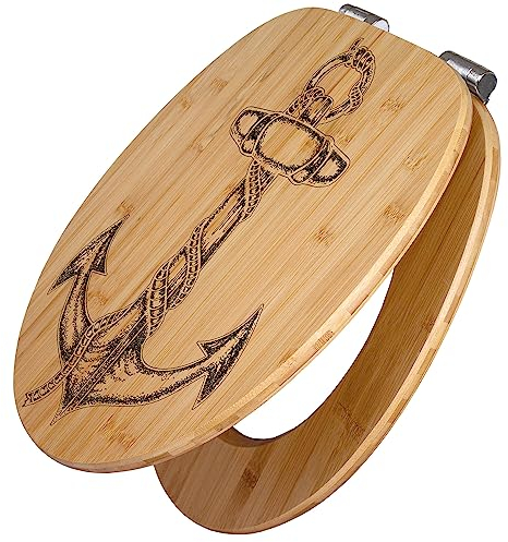 banjado® Hochwertig gravierter Design WC Sitz Bambus Absenkautomatik Anker/Toilettendeckel mit Absenkautomatik Holz/Bambus Klodeckel/WC-Sitz für alle gängigen Toiletten