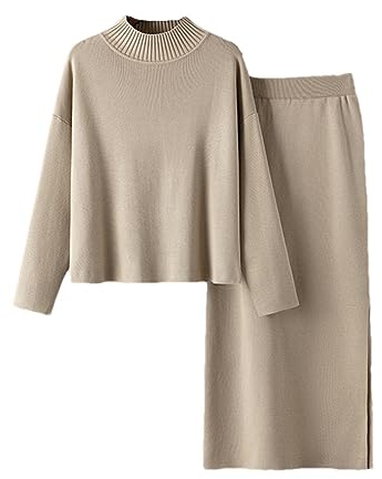2-Teiliges Strick-Set Für Damen Winter-Warm-Rollkragenpullover + Langer Gerader Midi-Rock Zweiteilige Sets