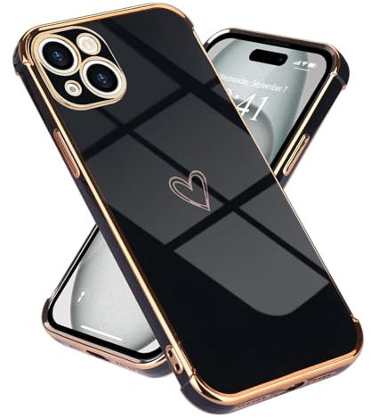 Micoden for iPhone 15 Case Cute Girls Silicone Heart Pattern Design Cases Fashion Plating Edge Ultra Thin Shockproof Protective Bumper Phone Case for iPhone 15 Black